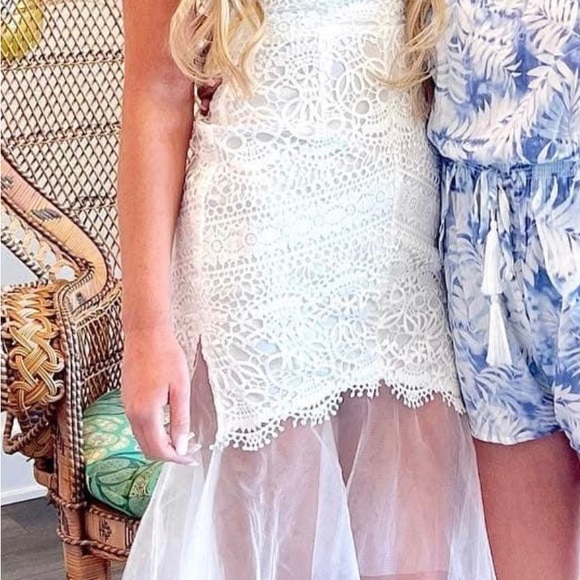 Selfie Leslie MON AMOUR LACE DETAIL TULLE MESH HEM DRESS WHITE size XS - Picture 6 of 9